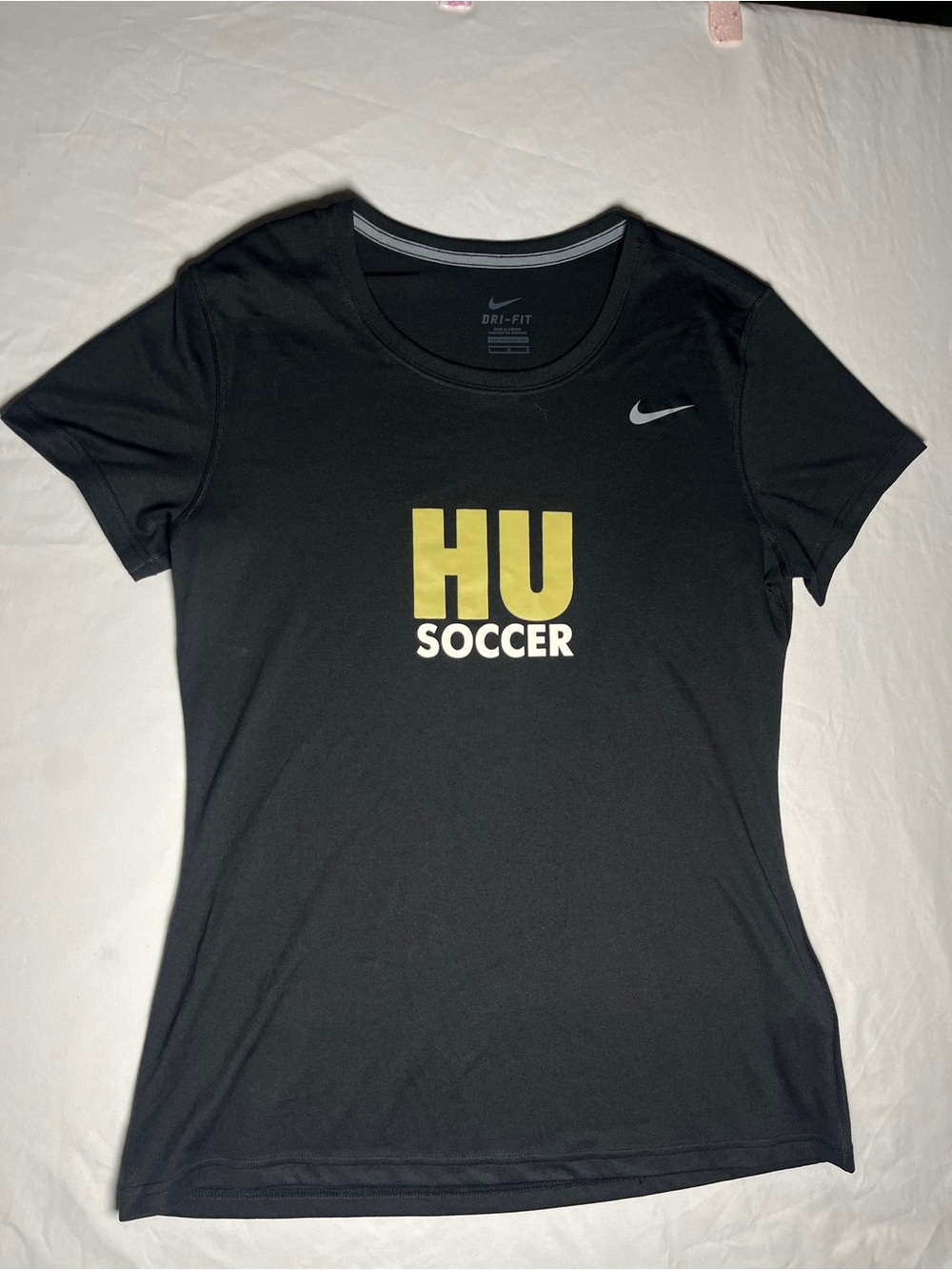 Nike DRI-Fit HU Soccer T-Shirt Solid Black With Gold Black Logo Crew Neck Size L